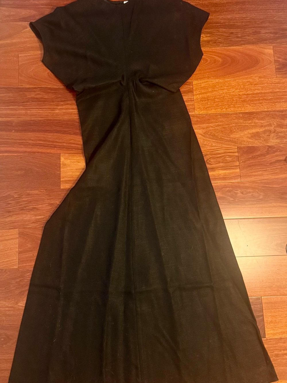 Toteme Black Slouch Waist Basketweave Midi Dress with Short Sleeves